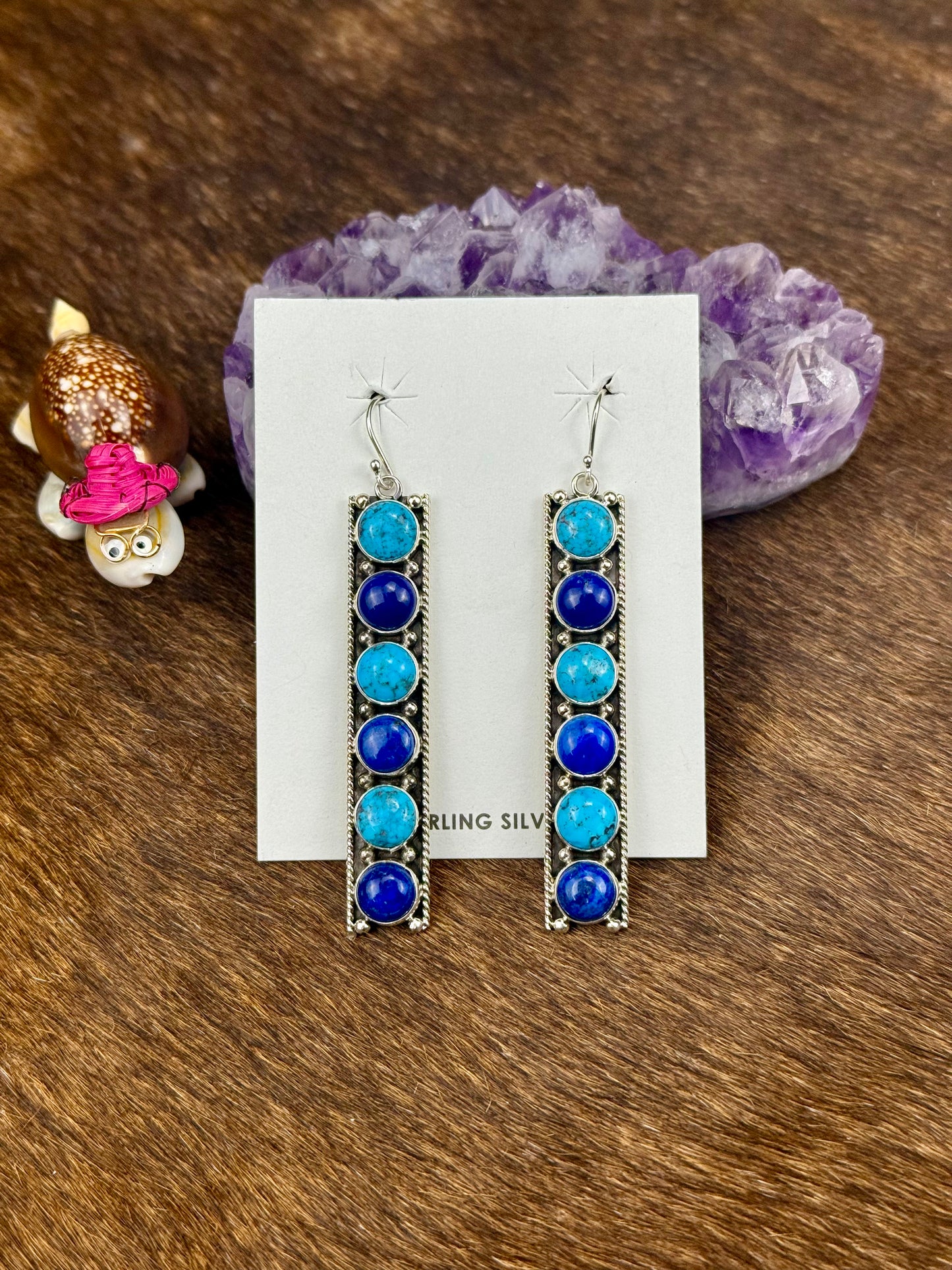 Kingman Turquoise and Lapis Sterling Silber Strip Earrings
