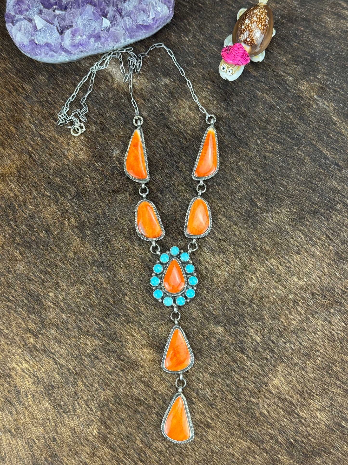Orange Spiny and Kingman Turquoise Lariat Necklace