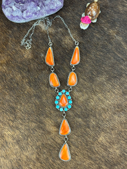 Orange Spiny and Kingman Turquoise Lariat Necklace