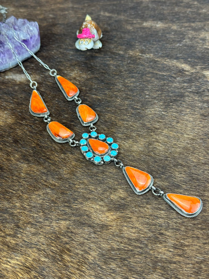 Orange Spiny and Kingman Turquoise Lariat Necklace