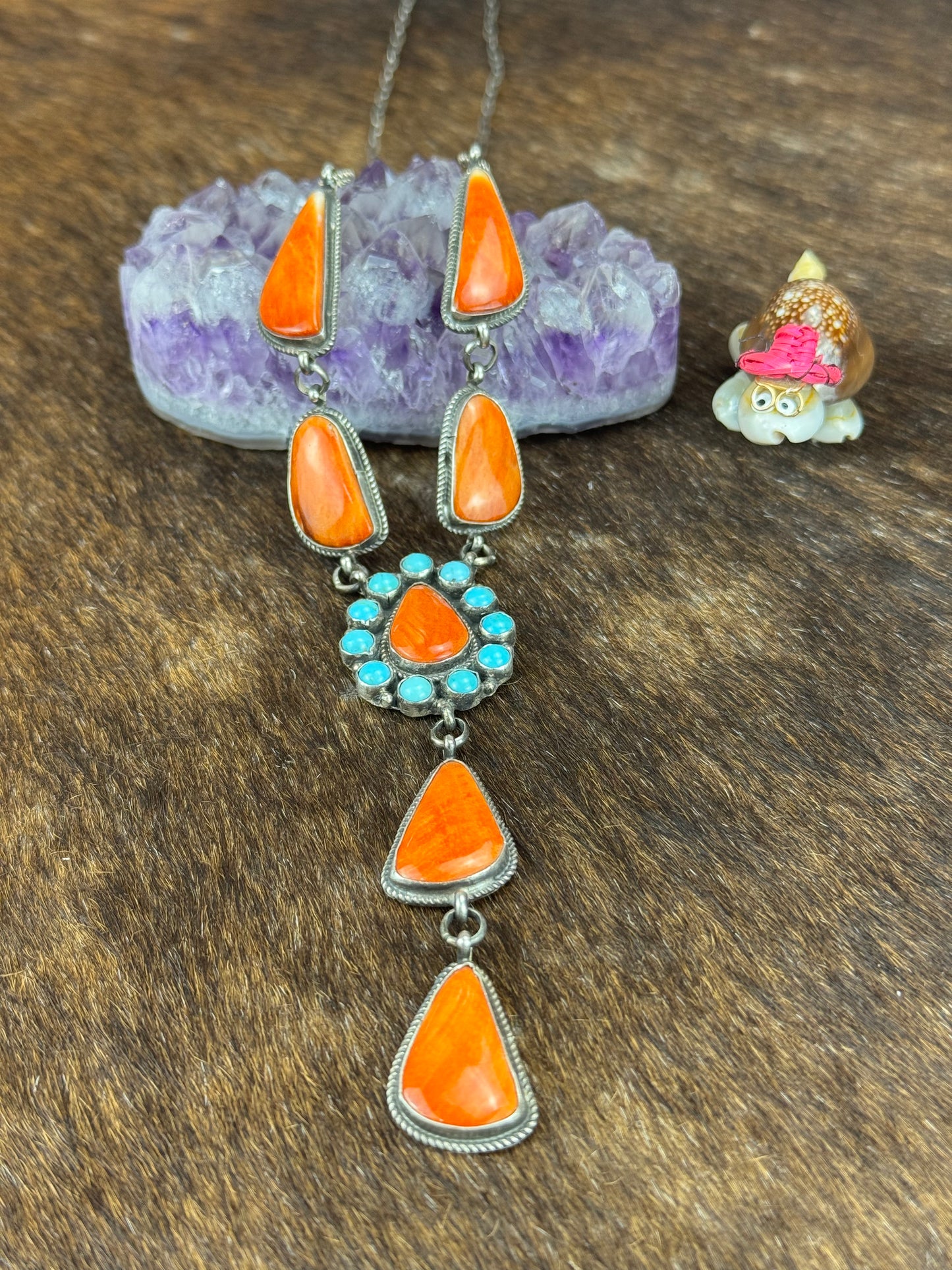 Orange Spiny and Kingman Turquoise Lariat Necklace
