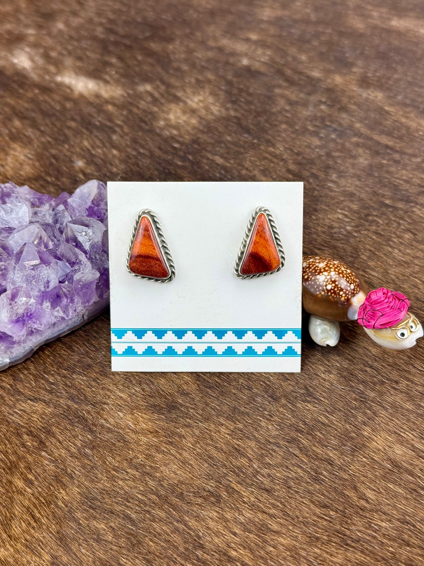 Spiny Oyster Sterling Silver Triangle Twist Earrings