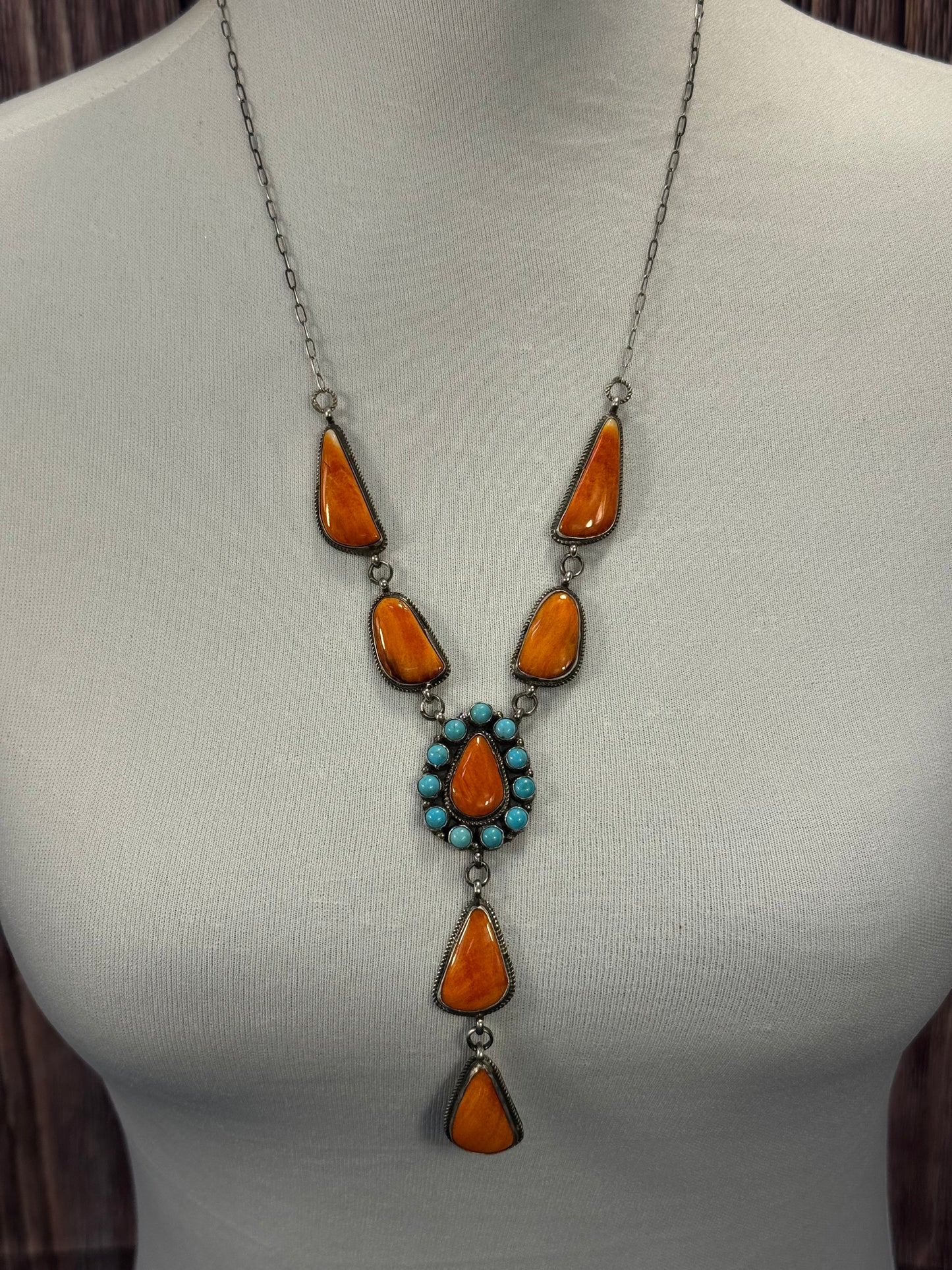 Orange Spiny and Kingman Turquoise Lariat Necklace