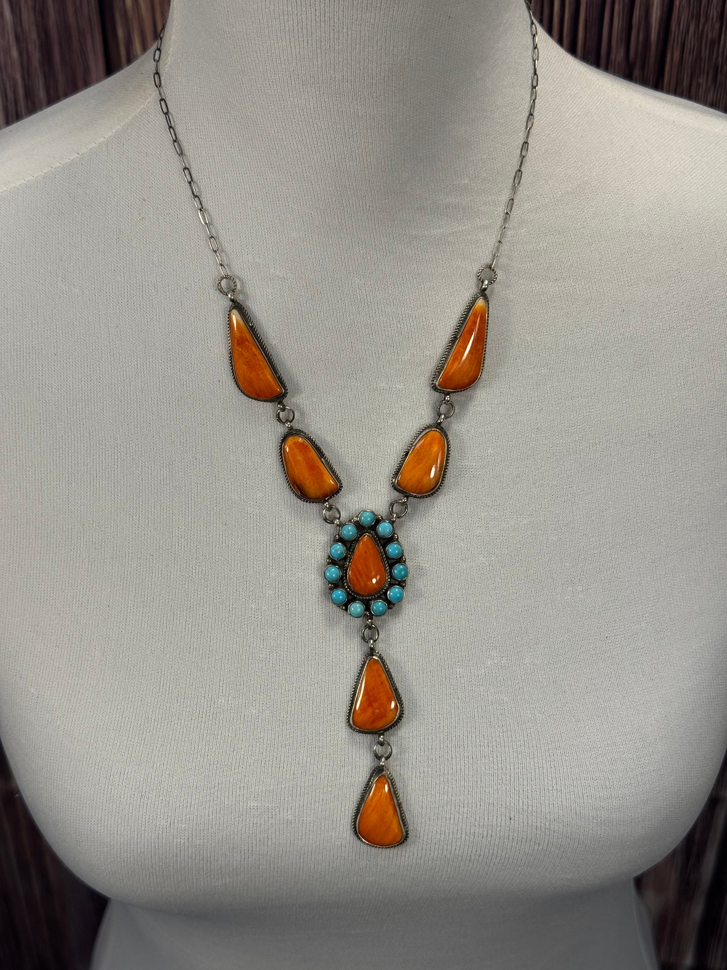 Orange Spiny and Kingman Turquoise Lariat Necklace