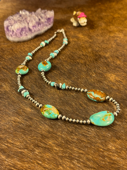 Kingman Turquoise Multi Chunk 4mm Sterling Pearl Necklace