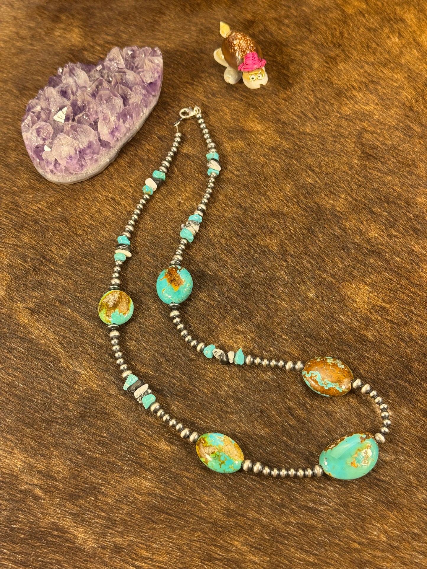 Kingman Turquoise Multi Chunk 4mm Sterling Pearl Necklace