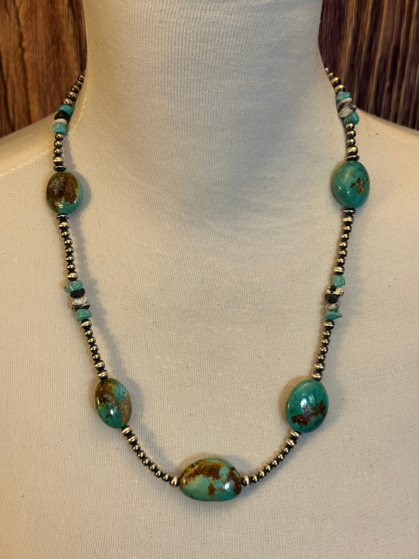 Kingman Turquoise Multi Chunk 4mm Sterling Pearl Necklace