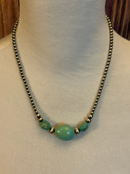 Kingman Turquoise Chunk 4mm Sterling Pearl Necklace