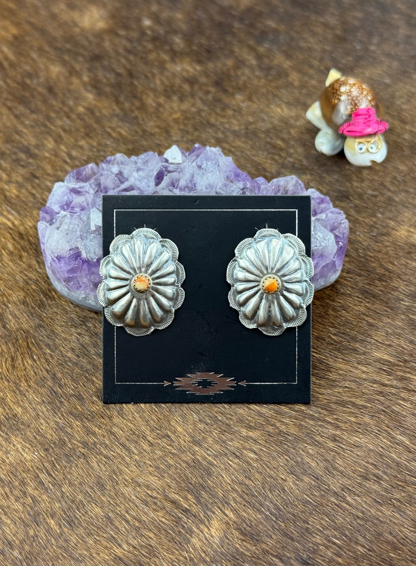 Orange Spiny  Sterling Silver Floral Earrings