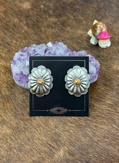 Orange Spiny  Sterling Silver Floral Earrings