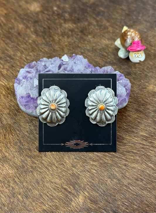 Orange Spiny  Sterling Silver Floral Earrings