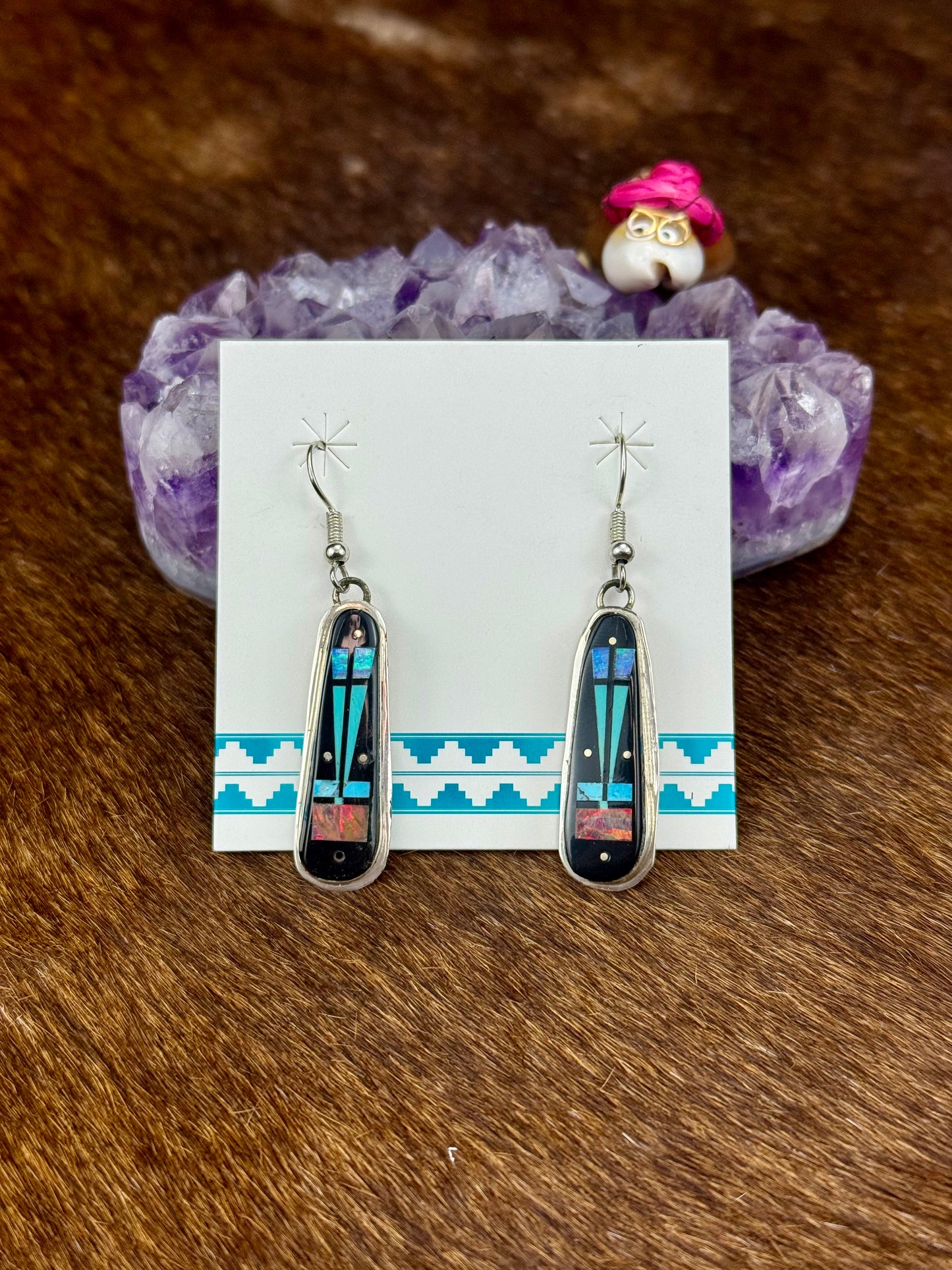 Multi-Color Stone Inlay Dangle Earrings