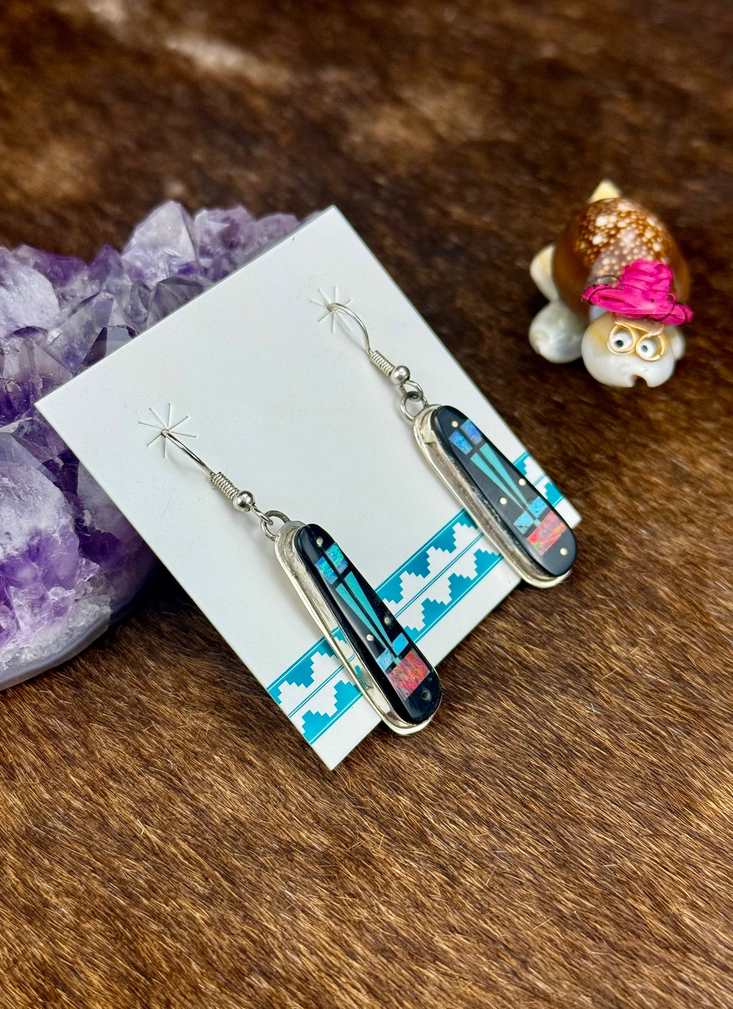 Multi-Color Stone Inlay Dangle Earrings
