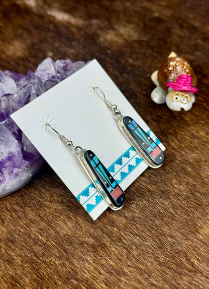 Multi-Color Stone Inlay Dangle Earrings