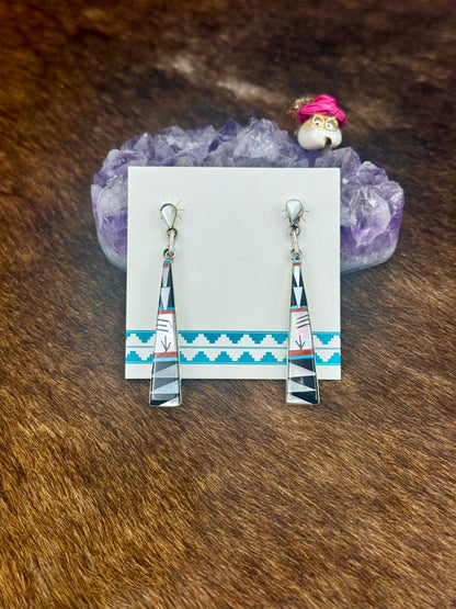 Zuni Inlay Sterling Silver Triangle Dangle Earrings
