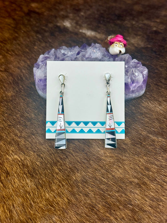 Zuni Inlay Sterling Silver Triangle Dangle Earrings