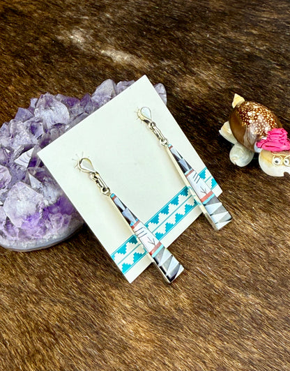 Zuni Inlay Sterling Silver Triangle Dangle Earrings