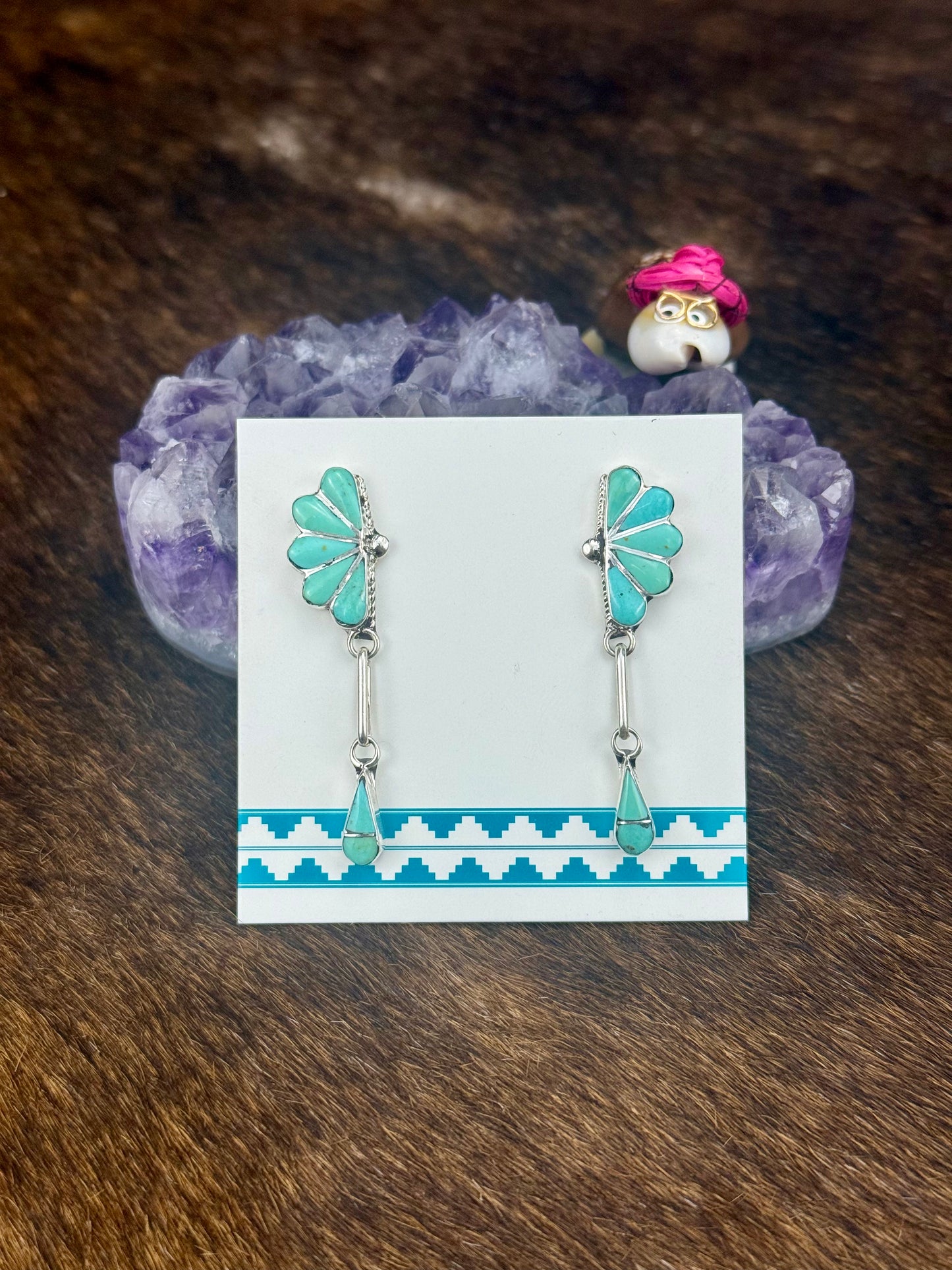 Kingman Turquoise Sterling Silver Half Cluster Dangle Earrings