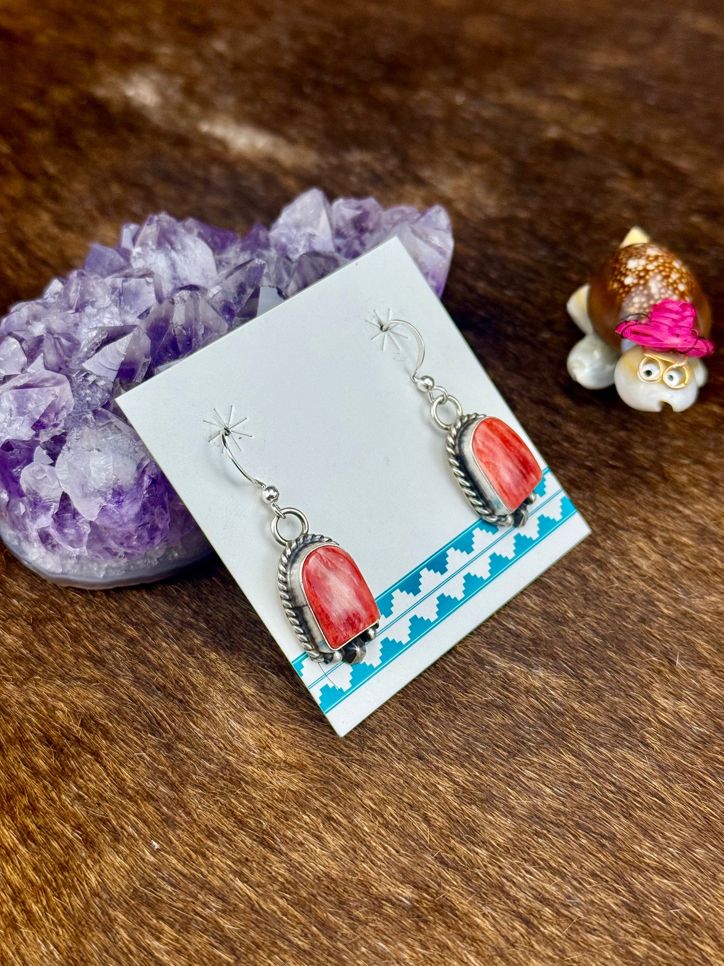 Red Spiny Sterling Silver Dangle Earrings