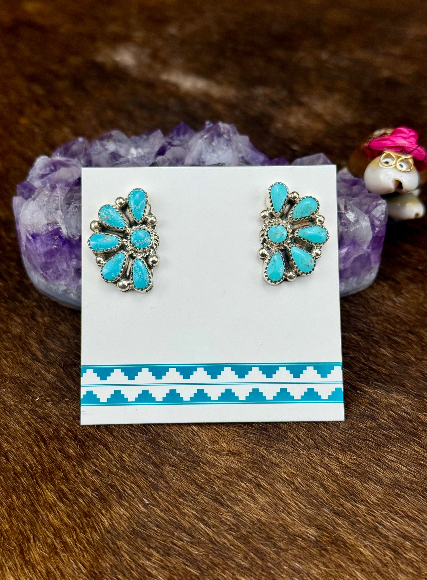 Kingman Turquoise Sterling Silver Half Cluster Earrings