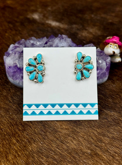 Kingman Turquoise Sterling Silver Half Cluster Earrings