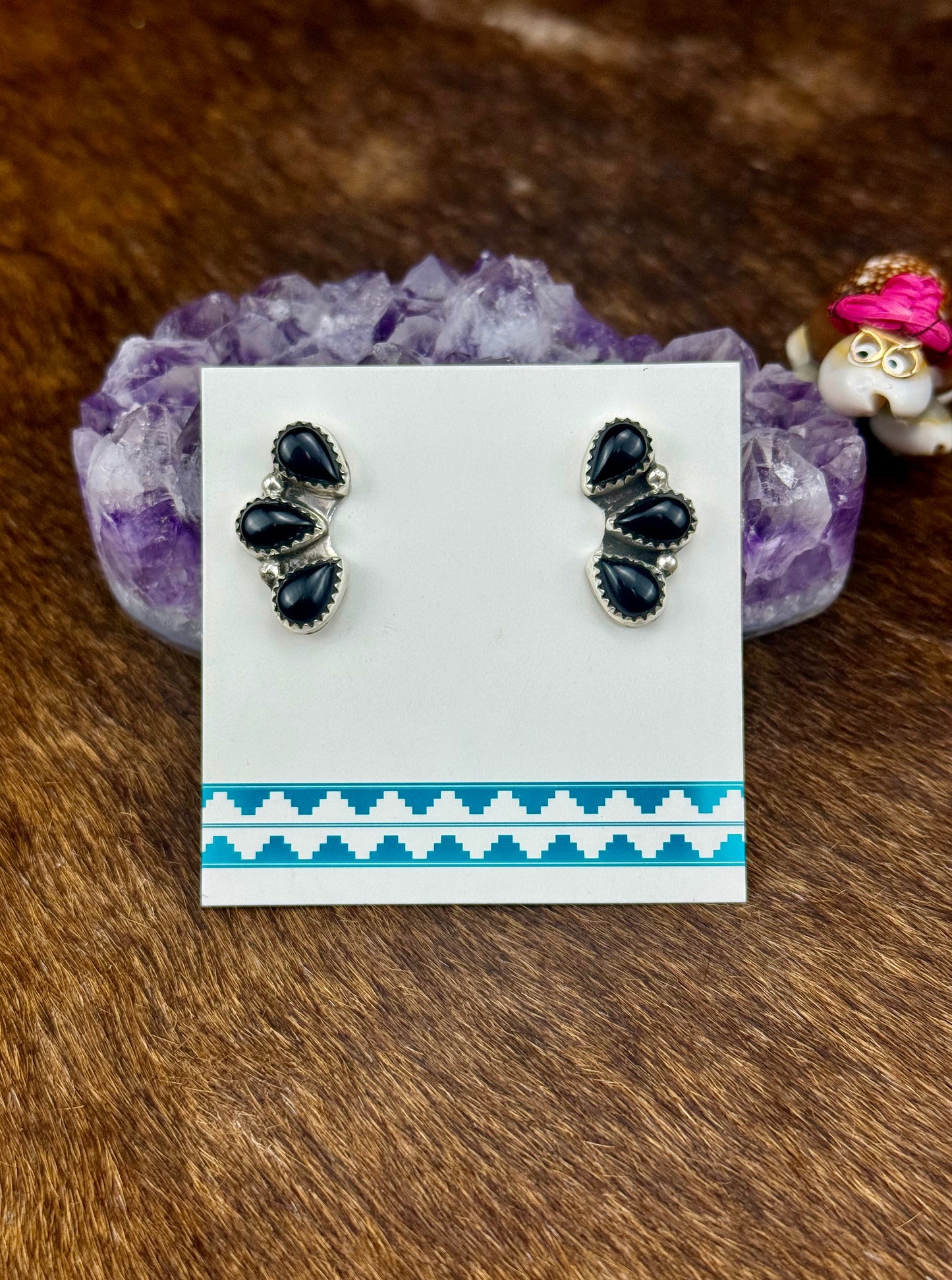 Black Onyx Sterling Silver Three Stone Earrings