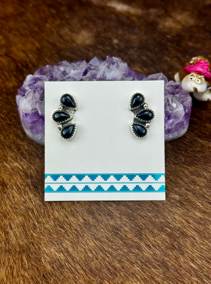 Black Onyx Sterling Silver Three Stone Earrings