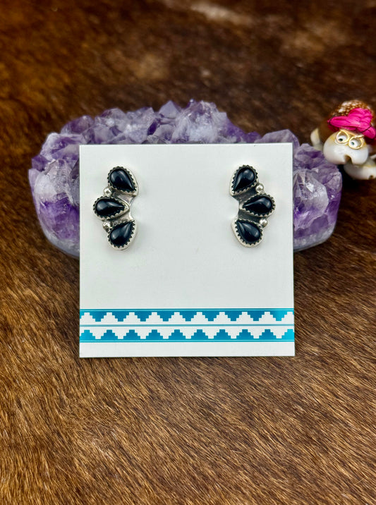 Black Onyx Sterling Silver Three Stone Earrings