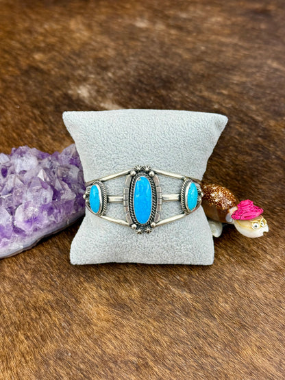 Kingman Turquoise Sterling Silver Three Stone Cuff