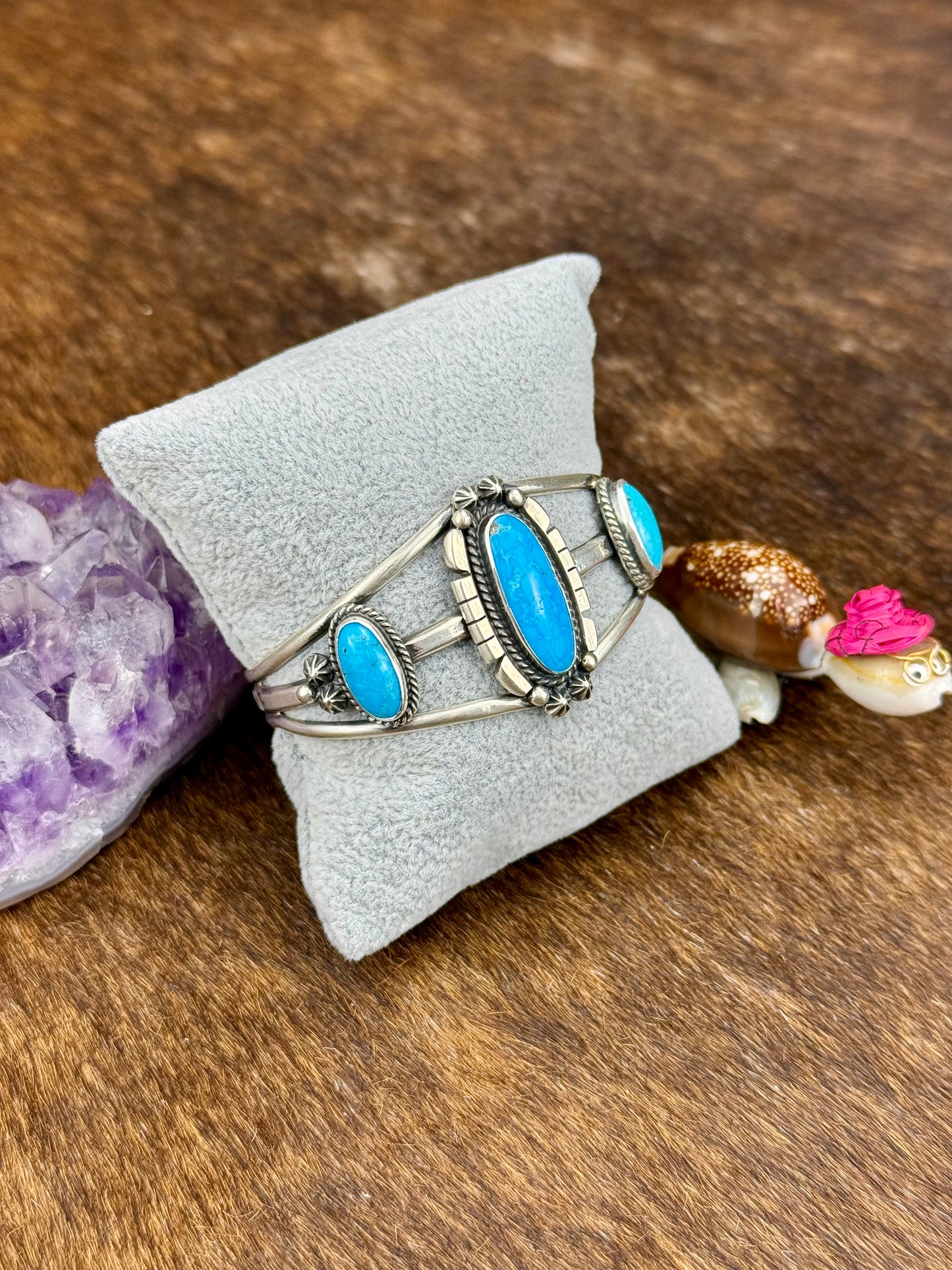 Kingman Turquoise Sterling Silver Three Stone Cuff