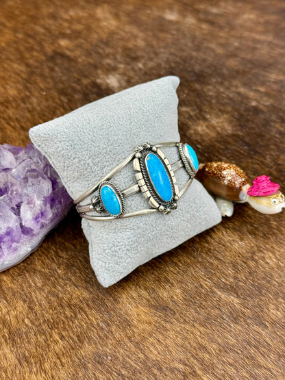 Kingman Turquoise Sterling Silver Three Stone Cuff