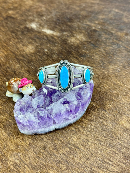 Kingman Turquoise Sterling Silver Three Stone Cuff