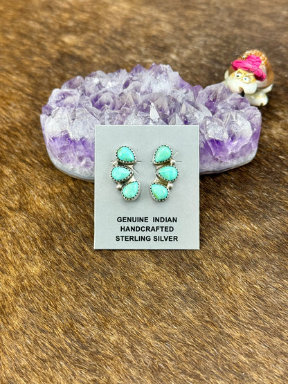 Kingman Turquoise Sterling Silver Three Stone Earrings