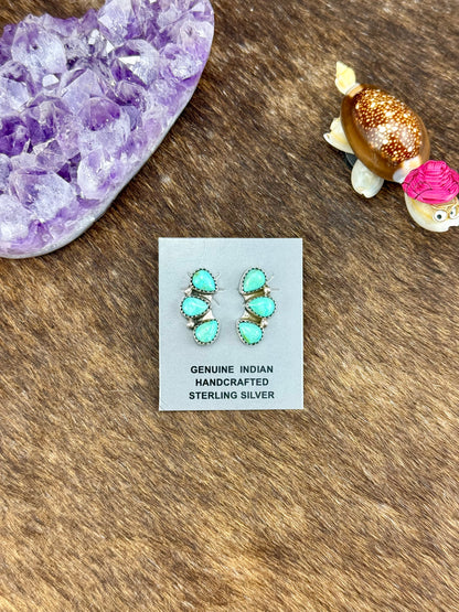 Kingman Turquoise Sterling Silver Three Stone Earrings