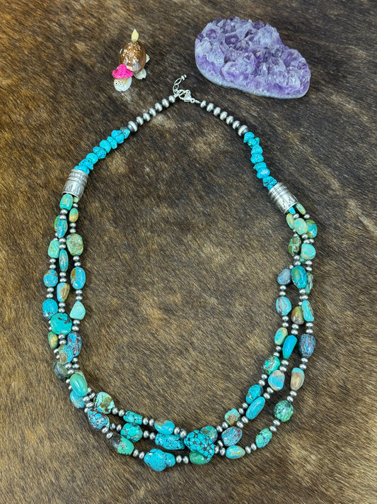 Sterling Silver and Kingman Turquoise 3 Strand Chunk Necklace
