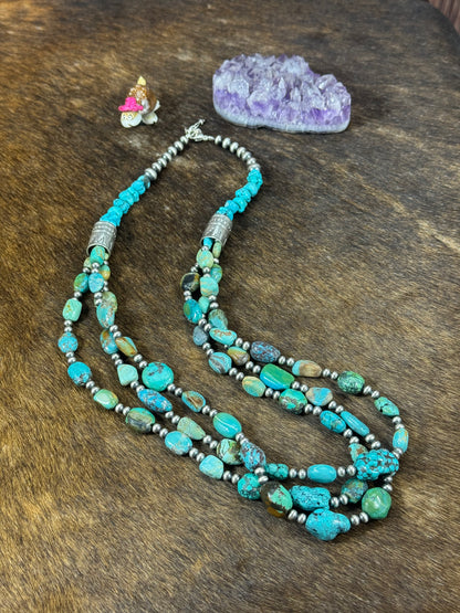 Sterling Silver and Kingman Turquoise 3 Strand Chunk Necklace
