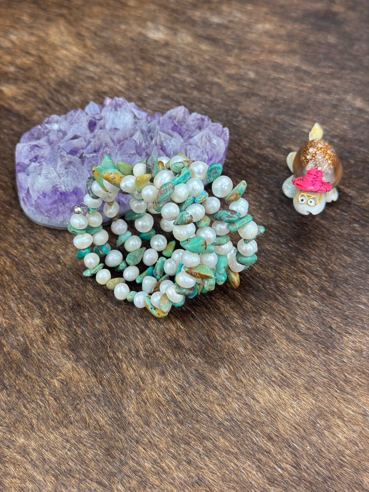 Kingman Turquoise and Freshwater Pearl Stretch Bracelet