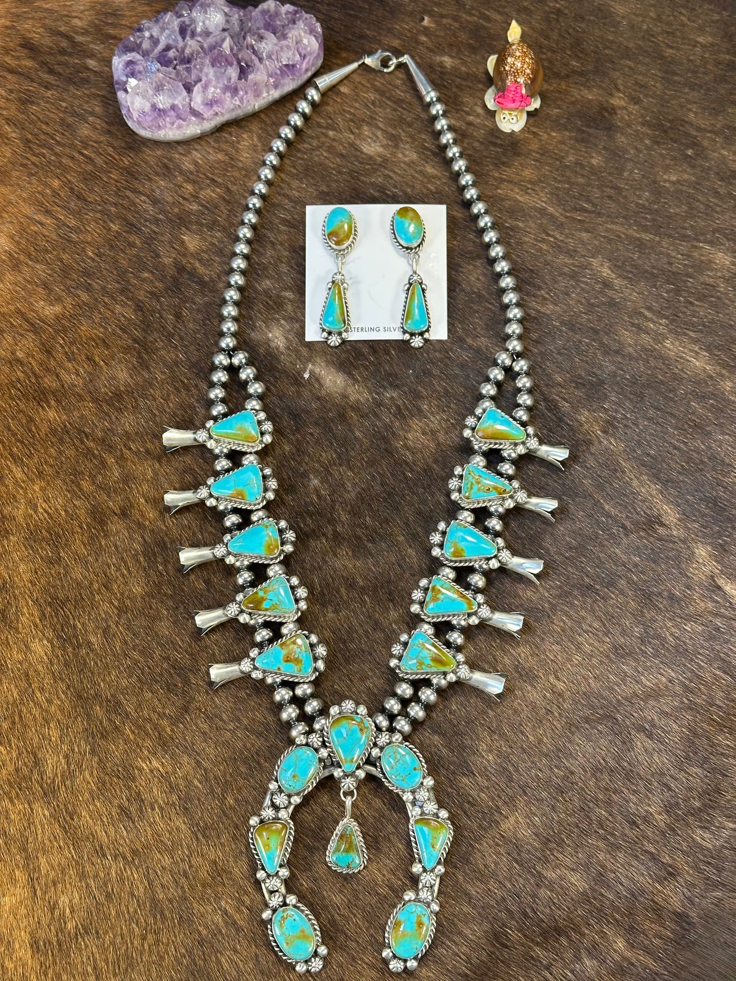 Kingman Turquoise Squash Blossom Necklace