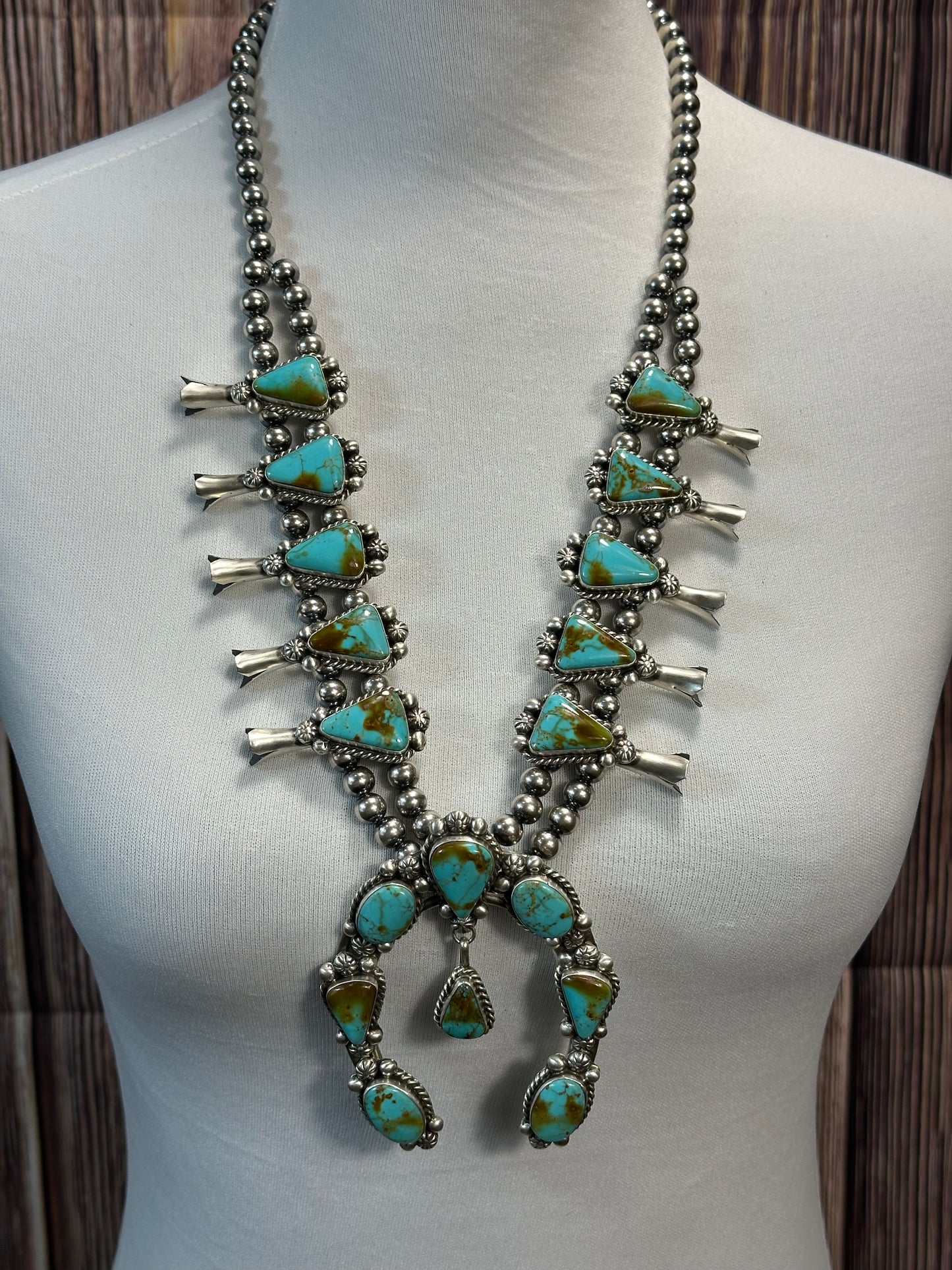Kingman Turquoise Squash Blossom Necklace