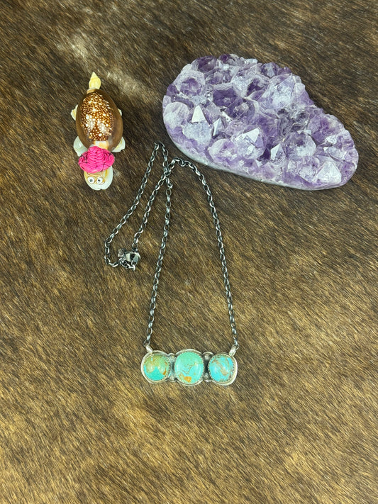 Kingman Turquoise 3 Stone Bar Necklace