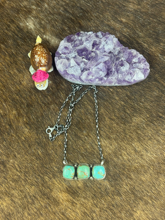 Kingman Turquoise 3 Stone Bar Necklace
