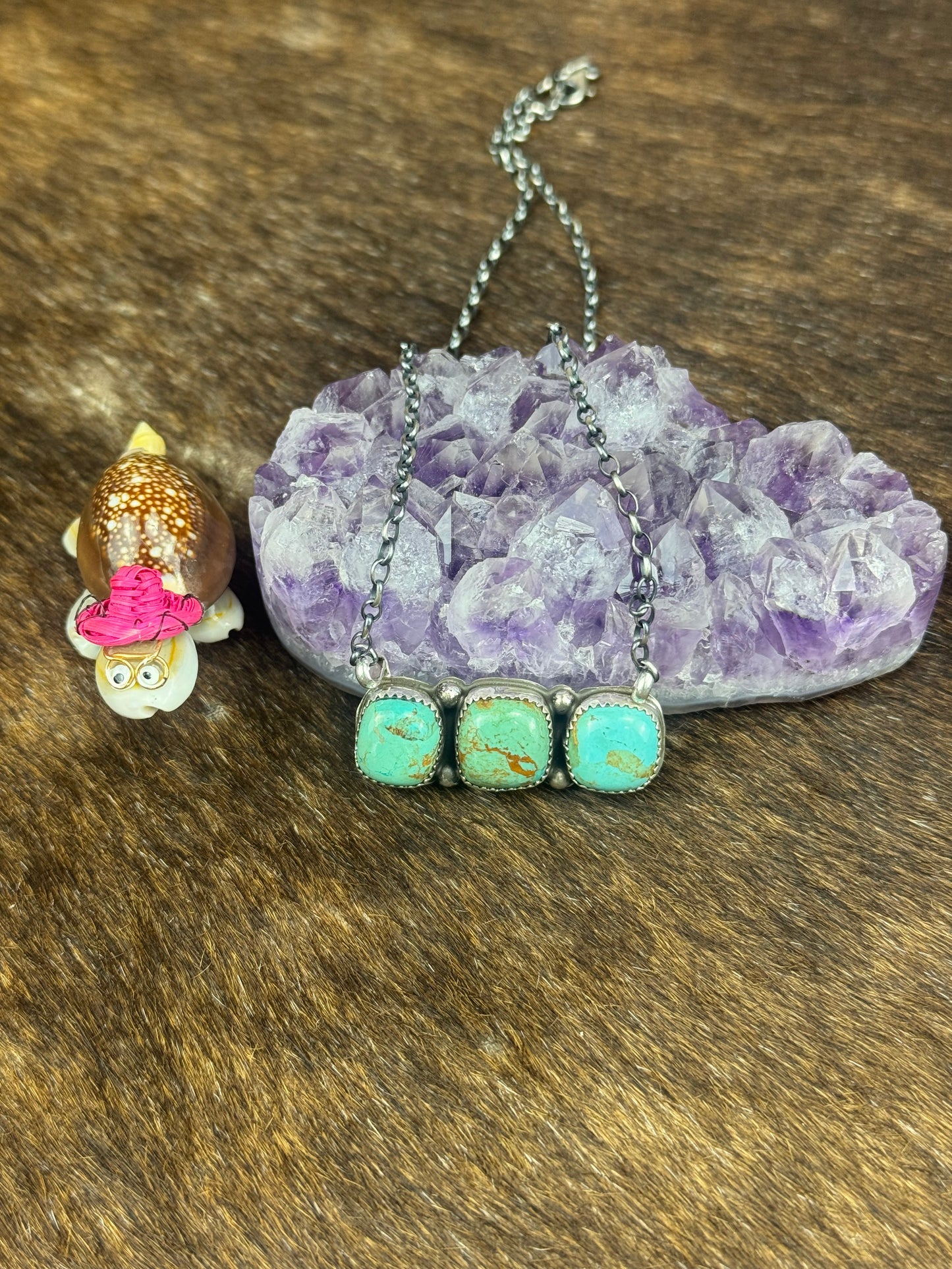 Kingman Turquoise 3 Stone Bar Necklace
