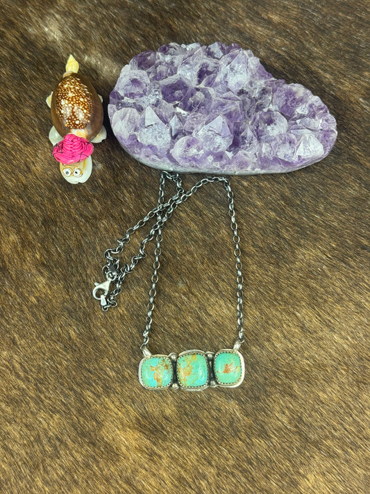 Kingman Turquoise 3 Stone Bar Necklace