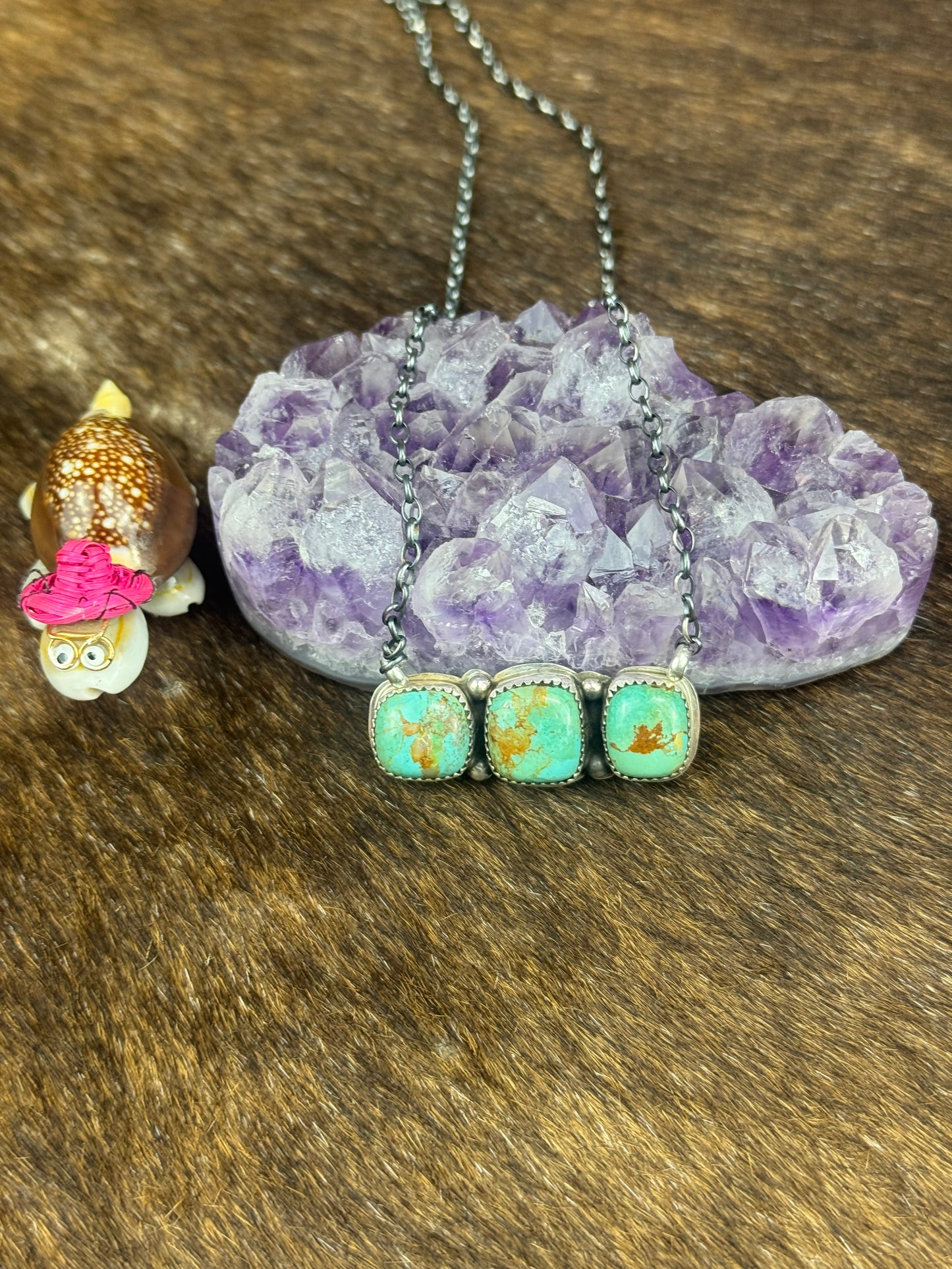 Kingman Turquoise 3 Stone Bar Necklace