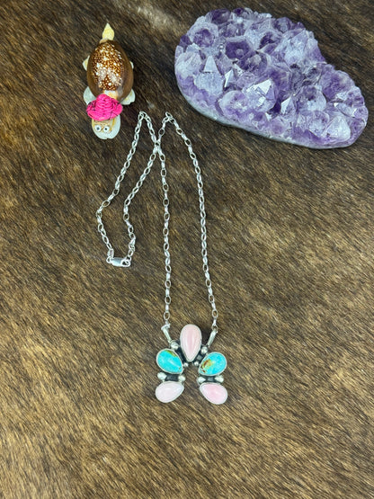 Kingman Turquoise and Pink Conch Mini Naja Necklace