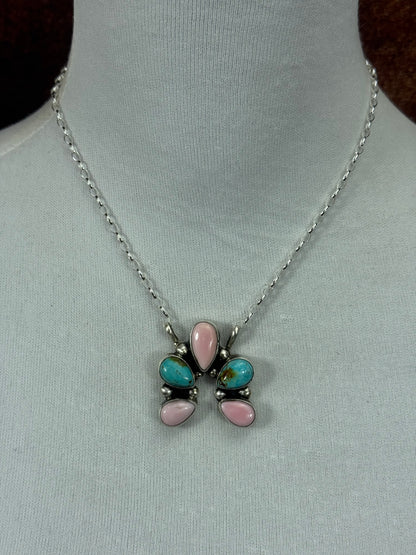 Kingman Turquoise and Pink Conch Mini Naja Necklace
