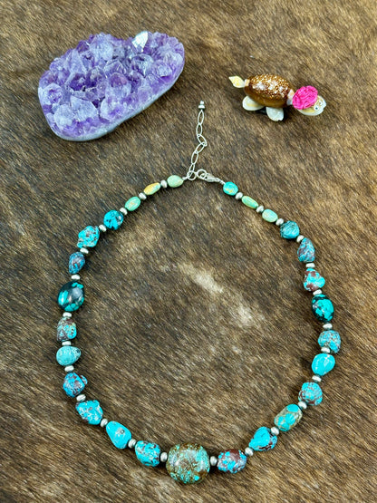 Kingman Turquoise and Sterling Silver Pearl Necklace