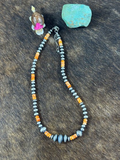 Orange Spiny and Sterling Silver Varied Necklace