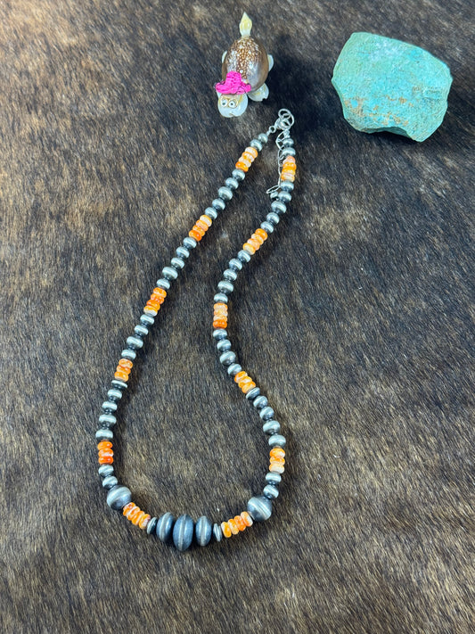 Orange Spiny and Sterling Silver Varied Necklace