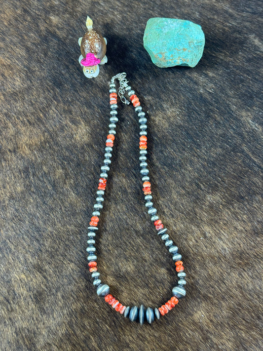 Red Spiny and Sterling Silver Varied Necklace
